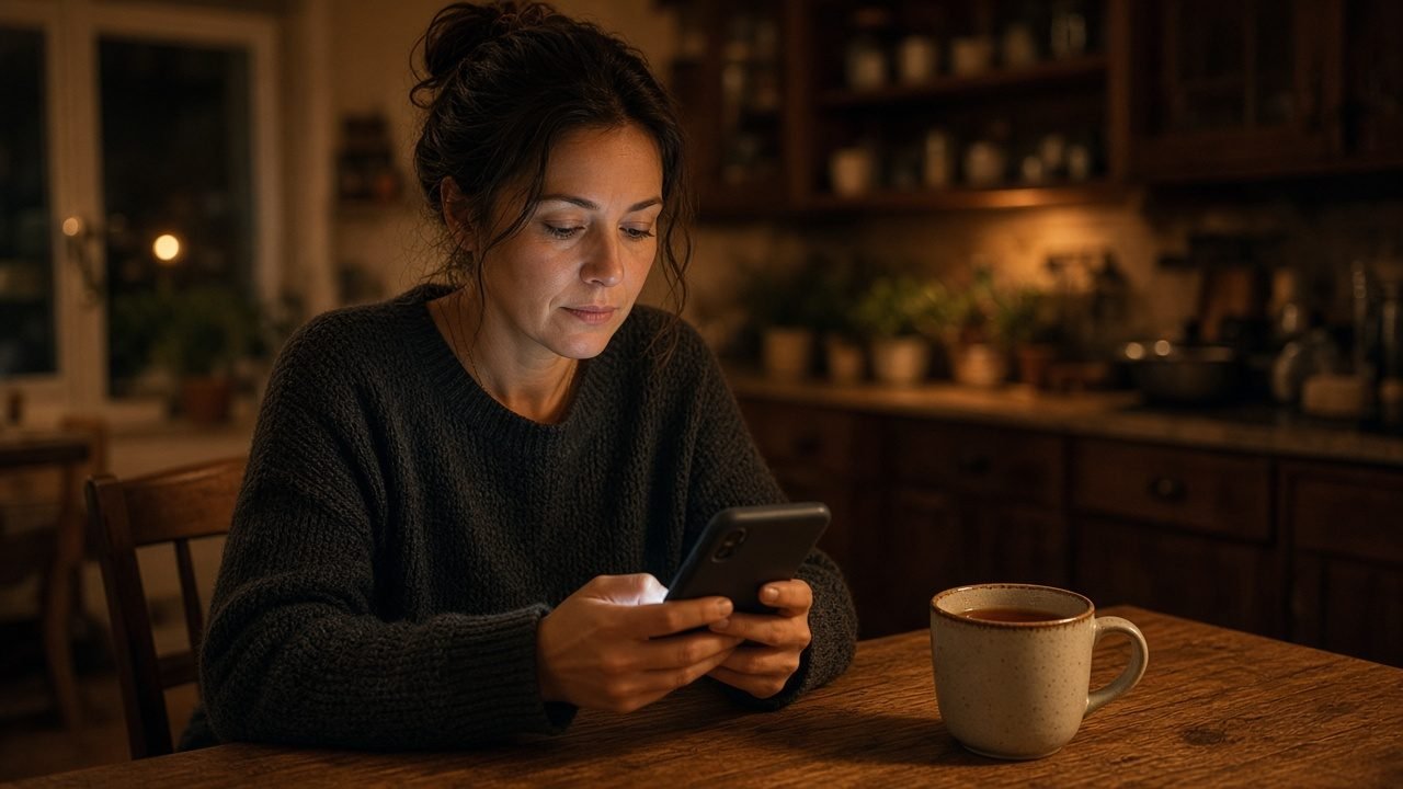 Eine Person tippt abends am Küchentisch eine Nachricht in eine Nachbarschafts-App auf dem Smartphone